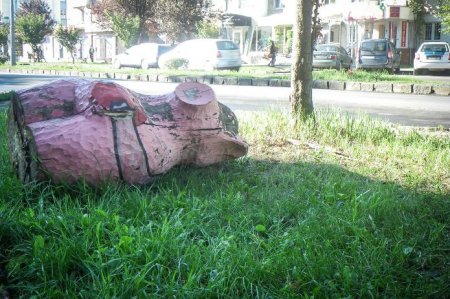 ФОТОФАКТ. На проспекті Свободи в Ужгороді впала друга фігура-химера: на землі опинилася свиня