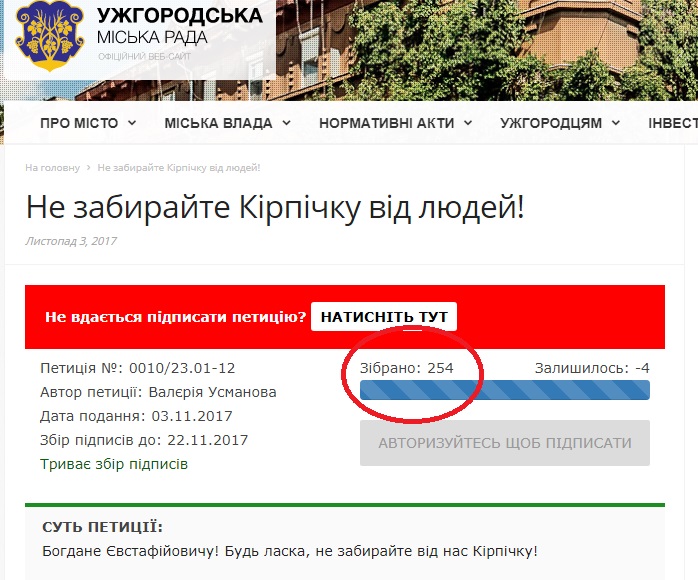 Електронна петиція за збереження "Кірпічки" в Ужгороді достроково набрала понад 250 необхідних підписів