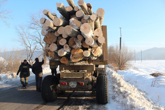 Активісти "Національного Корпусу" Закарпаття затримали біля Ужгорода вантажівку з лівим лісом, супроводжувану поліцейськими (ФОТО)