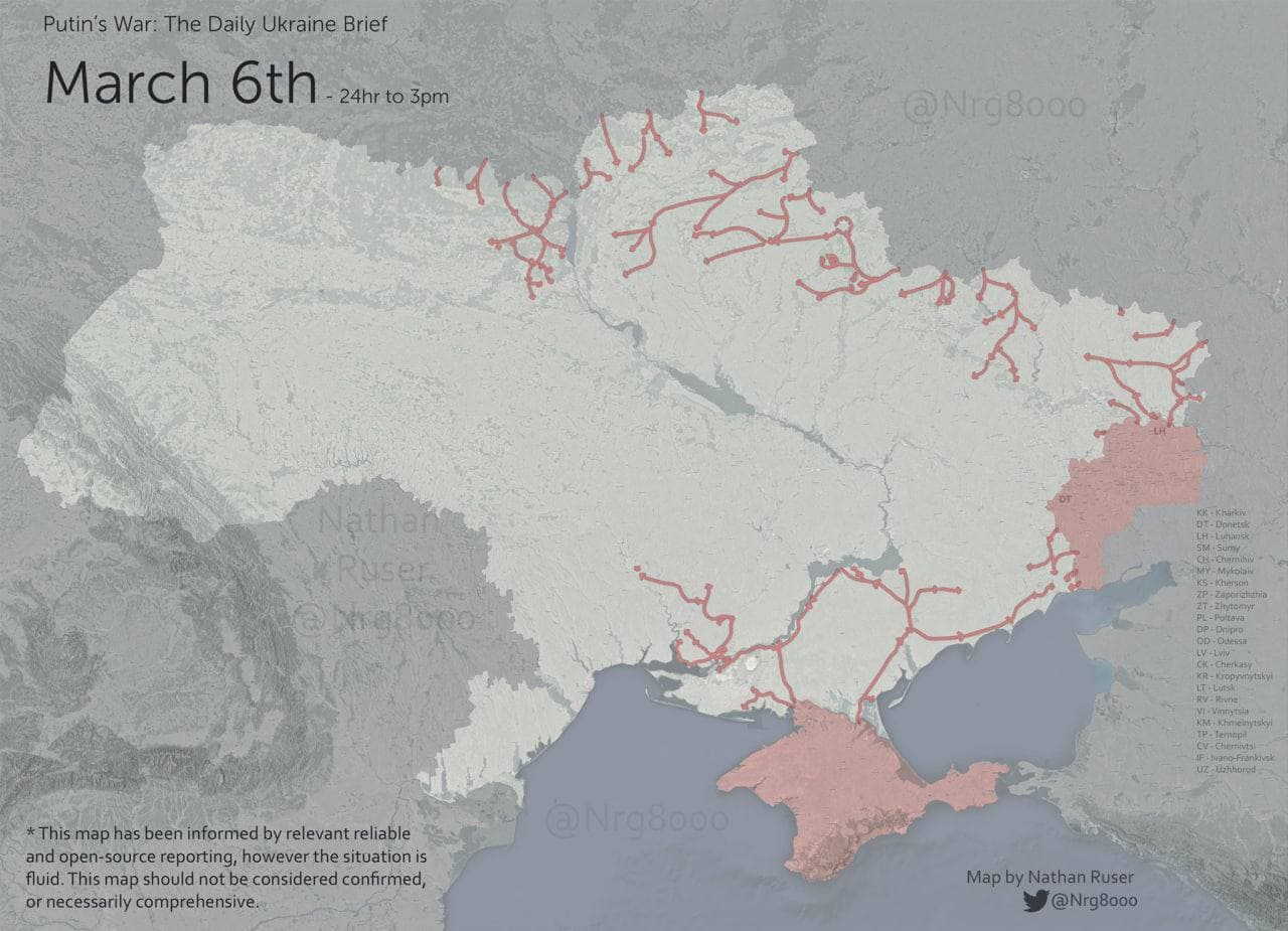 11 день війни: в РНБО показали мапу місць, які насправді тимчасово контролює РФ в Україні