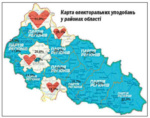 Газета закарпатських регіоналів опублікувала біло-блакитну карту електоральних настроїв на Закарпатті